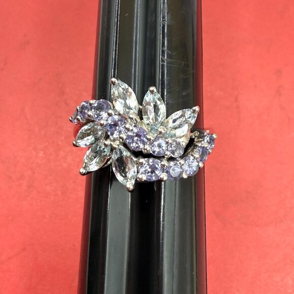 Glamorous Blue Topaz Purple Amethyst Sterling Silver Cocktail Gems Ring Size 8 - Picture 12 of 12